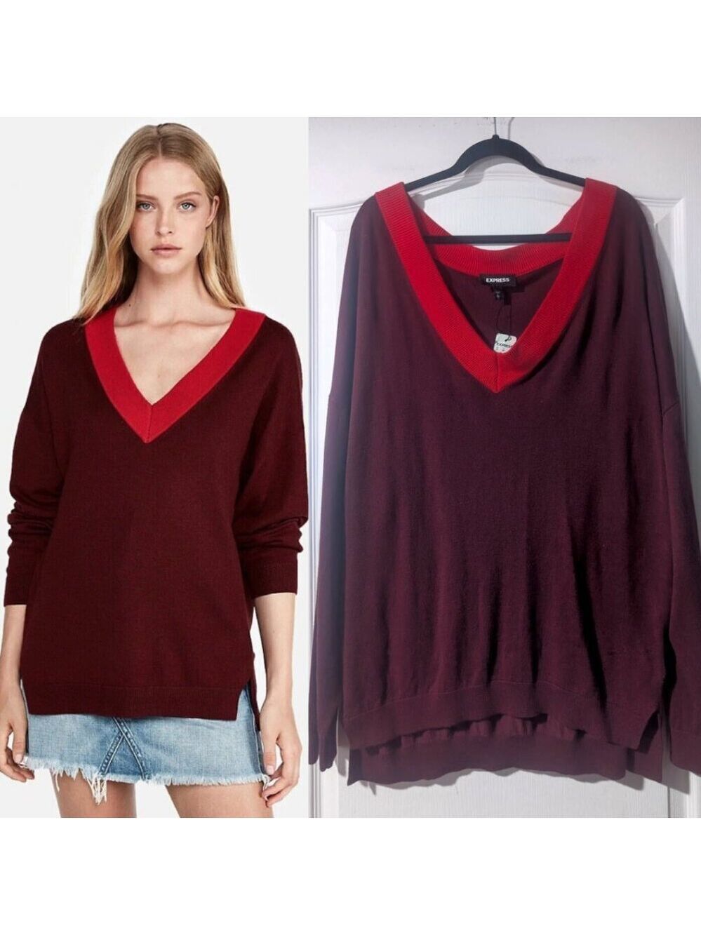 Express | Deep V Contrasting Sweater In Red/Burgundy
